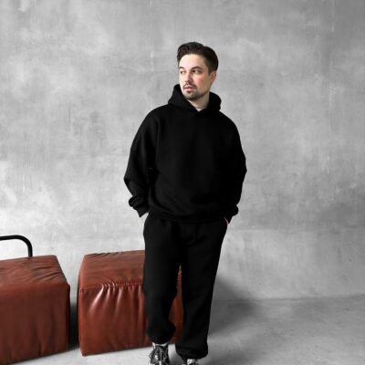 Мужской Базовый Теплый Черный Спортивный Костюм с Начесом (Толстовка + Штаны)