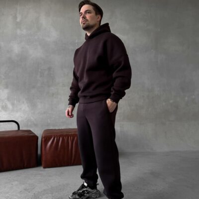 Мужской Базовый Теплый Коричневый Спортивный Костюм с Начесом (Толстовка + Штаны)