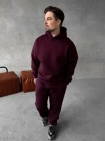 Мужской Базовый Теплый Бордовый Спортивный Костюм с Начесом (Толстовка + Штаны)