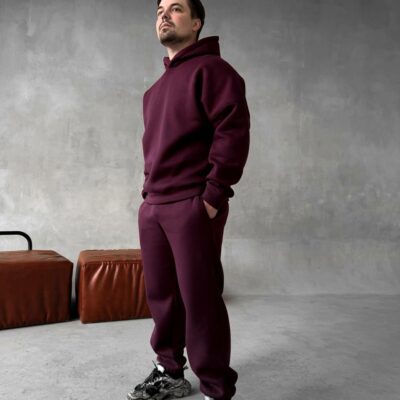 Мужской Базовый Теплый Бордовый Спортивный Костюм с Начесом (Толстовка + Штаны)
