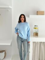 Женский Теплый Мягкий Голубой Свитер Оверсайз - Трикотажный с Заниженной Линией Плеча