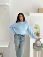 Женский Теплый Мягкий Голубой Свитер Оверсайз - Трикотажный с Заниженной Линией Плеча