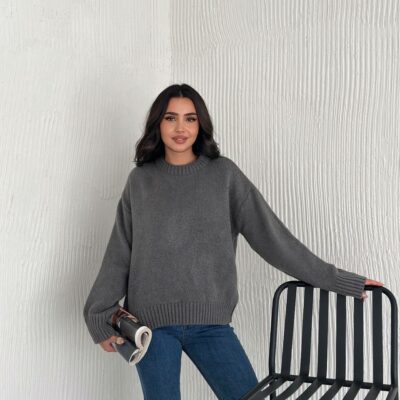 Женский Теплый Мягкий Графитовый Свитер Оверсайз - Трикотажный с Заниженной Линией Плеча
