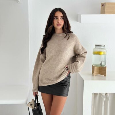 Женский Теплый Мягкий Свитер Мокко Оверсайз - Трикотажный с Заниженной Линией Плеча