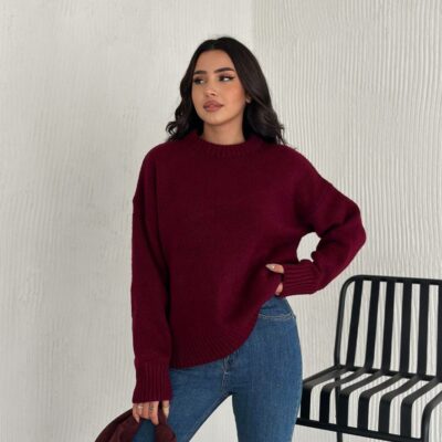 Женский Теплый Мягкий Бордовый Свитер Оверсайз - Трикотажный с Заниженной Линией Плеча