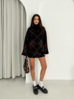 Женский Теплый Черно-Коричневый Костюм Двойка в Ромбах - Комплект Свитер Юбка