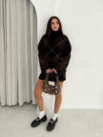 Женский Теплый Черно-Коричневый Костюм Двойка в Ромбах - Комплект Свитер Юбка