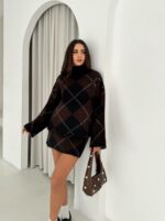 Женский Теплый Черно-Коричневый Костюм Двойка в Ромбах - Комплект Свитер Юбка