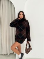 Женский Теплый Черно-Коричневый Костюм Двойка в Ромбах - Комплект Свитер Юбка