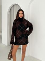 Женский Теплый Черно-Коричневый Костюм Двойка в Ромбах - Комплект Свитер Юбка