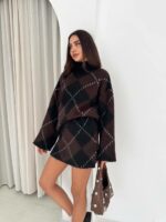 Женский Теплый Черно-Коричневый Костюм Двойка в Ромбах - Комплект Свитер Юбка