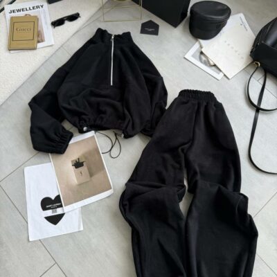 Женский Теплый Флисовый Черный Костюм на Затяжках Кулисках - Кофта с Коротким Замком + Свободные Штаны