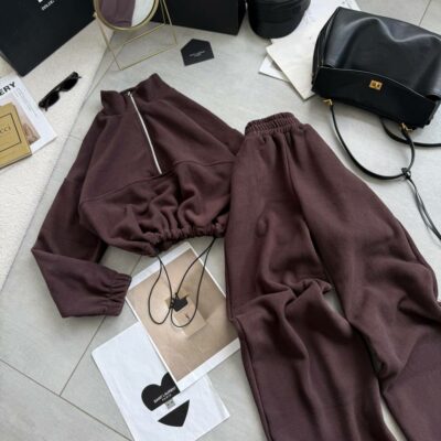 Женский Теплый Флисовый Коричневый Костюм на Затяжках Кулисках - Кофта с Коротким Замком + Свободные Штаны