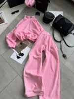 Женский Теплый Флисовый Розовый Костюм на Затяжках Кулисках - Кофта с Коротким Замком + Свободные Штаны