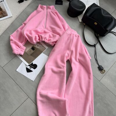 Женский Теплый Флисовый Розовый Костюм на Затяжках Кулисках - Кофта с Коротким Замком + Свободные Штаны