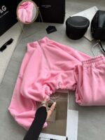 Женский Теплый Флисовый Розовый Костюм на Затяжках Кулисках - Кофта с Коротким Замком + Свободные Штаны