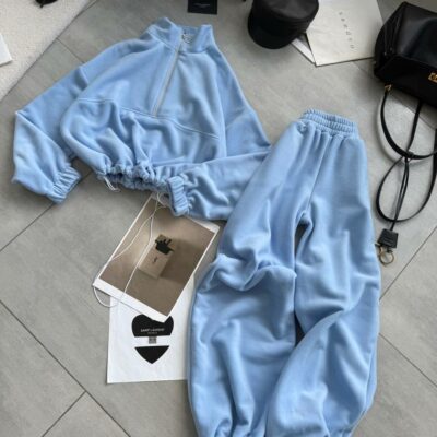 Женский Теплый Флисовый Голубой Костюм на Затяжках Кулисках - Кофта с Коротким Замком + Свободные Штаны