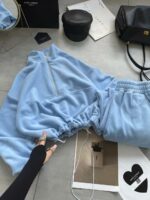 Женский Теплый Флисовый Голубой Костюм на Затяжках Кулисках - Кофта с Коротким Замком + Свободные Штаны