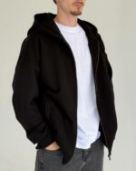 Мужская Утепленная Черная Зип Кофта Оверсайз - Трехнитка на Флисе