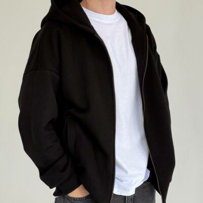 Мужская Утепленная Черная Зип Кофта Оверсайз - Трехнитка на Флисе