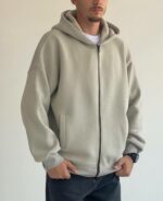 Мужская Утепленная Серая Зип Кофта Оверсайз - Трехнитка на Флисе