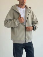 Мужская Утепленная Серая Зип Кофта Оверсайз - Трехнитка на Флисе