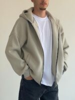 Мужская Утепленная Серая Зип Кофта Оверсайз - Трехнитка на Флисе