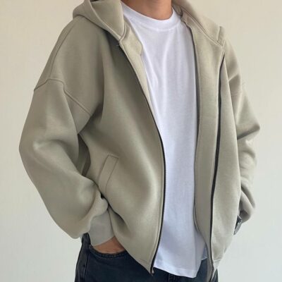 Мужская Утепленная Серая Зип Кофта Оверсайз - Трехнитка на Флисе