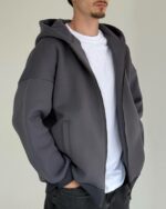 Мужская Утепленная Графитовая Зип Кофта Оверсайз - Трехнитка на Флисе