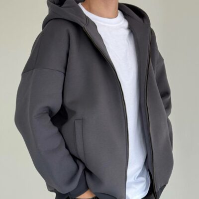 Мужская Утепленная Графитовая Зип Кофта Оверсайз - Трехнитка на Флисе