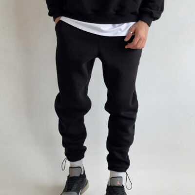 Мужские Утепленные Черные Спортивные Штаны на Флисе - Базовые Джоггеры с Затяжками