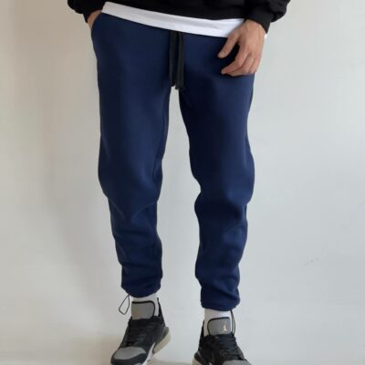 Мужские Утепленные Темно-Синие Спортивные Штаны на Флисе - Базовые Джоггеры с Затяжками