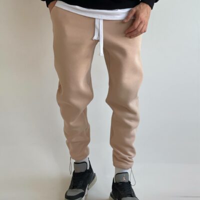 Мужские Утепленные Бежевые Спортивные Штаны на Флисе - Базовые Джоггеры с Затяжками