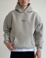 Мужское Утепленное Серое Худи Оверсайз - Толстовка на Флисе