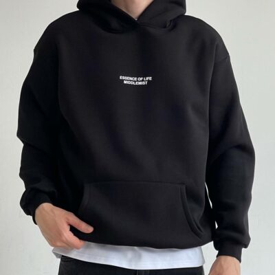 Мужское Утепленное Черное Худи Оверсайз - Толстовка на Флисе