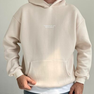 Мужское Утепленное Бежевое Худи Оверсайз - Толстовка на Флисе