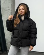 Женская Зимняя Черная Объемная Дутая Куртка - Стеганый Пуховик Дутик с Капюшоном