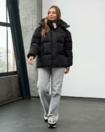 Женская Зимняя Черная Объемная Дутая Куртка - Стеганый Пуховик Дутик с Капюшоном