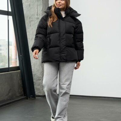 Женская Зимняя Черная Объемная Дутая Куртка - Стеганый Пуховик Дутик с Капюшоном