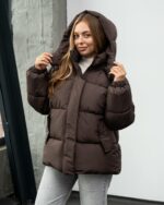 Женская Зимняя Коричневая Объемная Дутая Куртка - Стеганый Пуховик Дутик с Капюшоном