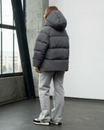 Женская Зимняя Темно-Серая Объемная Дутая Куртка - Стеганый Пуховик Дутик с Капюшоном