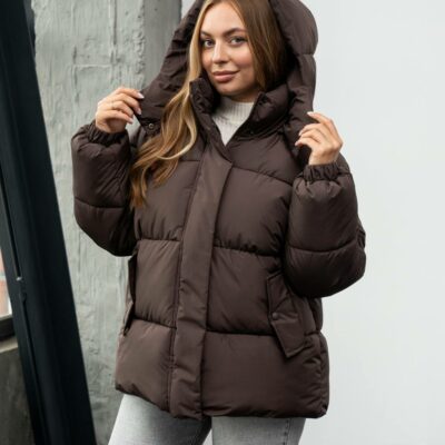 Женская Зимняя Коричневая Объемная Дутая Куртка - Стеганый Пуховик Дутик с Капюшоном