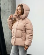 Женская Зимняя Бежевая Объемная Дутая Куртка - Стеганый Пуховик Дутик с Капюшоном