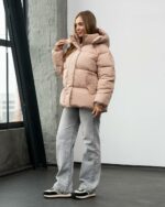 Женская Зимняя Бежевая Объемная Дутая Куртка - Стеганый Пуховик Дутик с Капюшоном