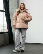 Женская Зимняя Бежевая Объемная Дутая Куртка - Стеганый Пуховик Дутик с Капюшоном