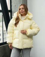 Женская Зимняя Лимонная Объемная Дутая Куртка - Стеганый Пуховик Дутик с Капюшоном