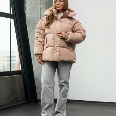 Женская Зимняя Бежевая Объемная Дутая Куртка - Стеганый Пуховик Дутик с Капюшоном