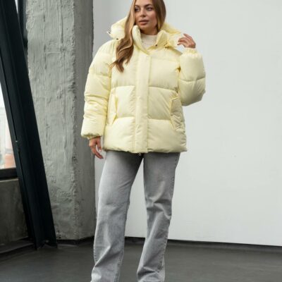 Женская Зимняя Лимонная Объемная Дутая Куртка - Стеганый Пуховик Дутик с Капюшоном