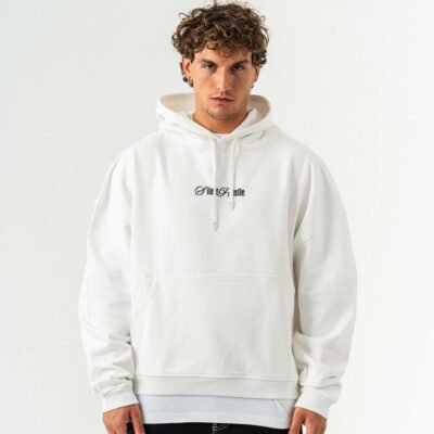 Мужское Хлопковое Белое Худи Оверсайз Надпись на Спине
