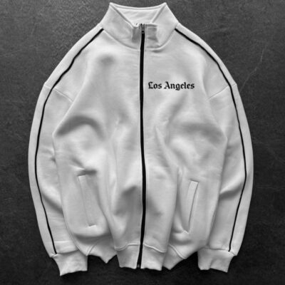 Мужская Белая Кофта Зипка Оверсайз с Кантом - Зип Худи на Молнии